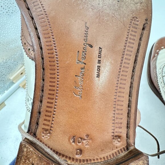 Salvatore Ferragamo Men Sz 10.5 D Brown White Leather Brogue Oxford Dress Shoes - Picture 12 of 13